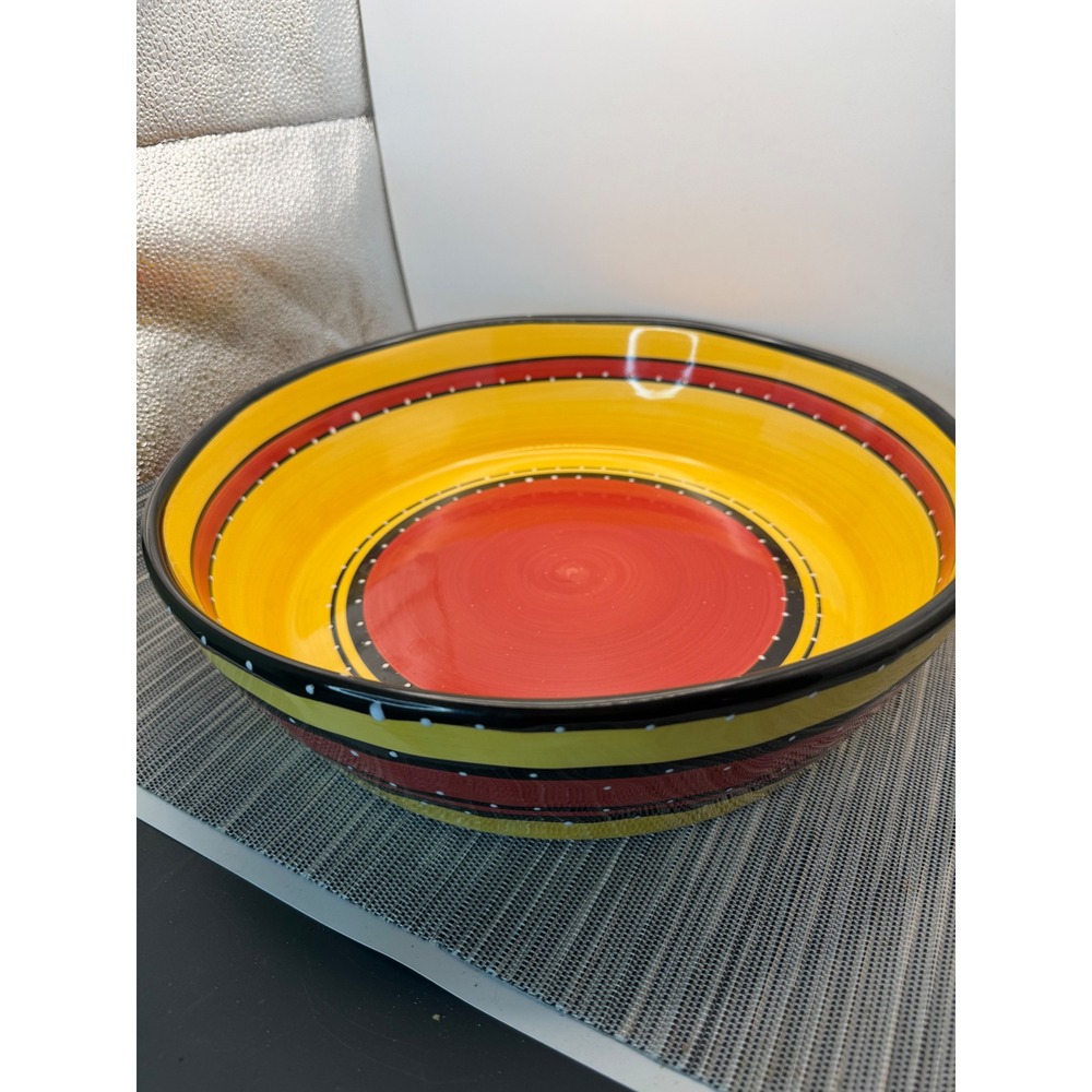 Tabletops Gallery Bohemian Stripe Large 12in Serving Bowl Hand Painted Ceramic